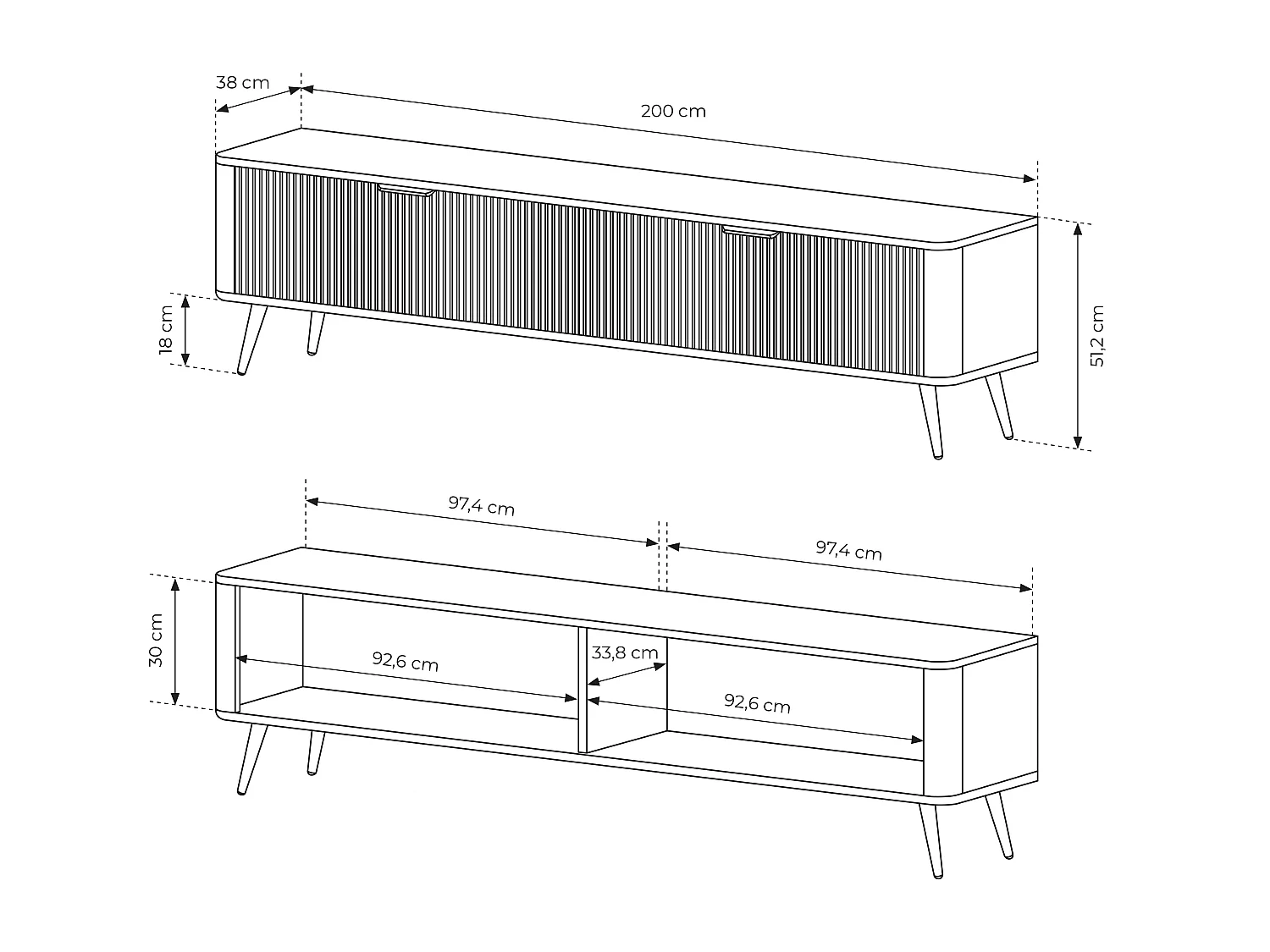 AX LIVING Moderner TV Lowboard Schwarz Matt Vespasia 200 2D – 200 cm