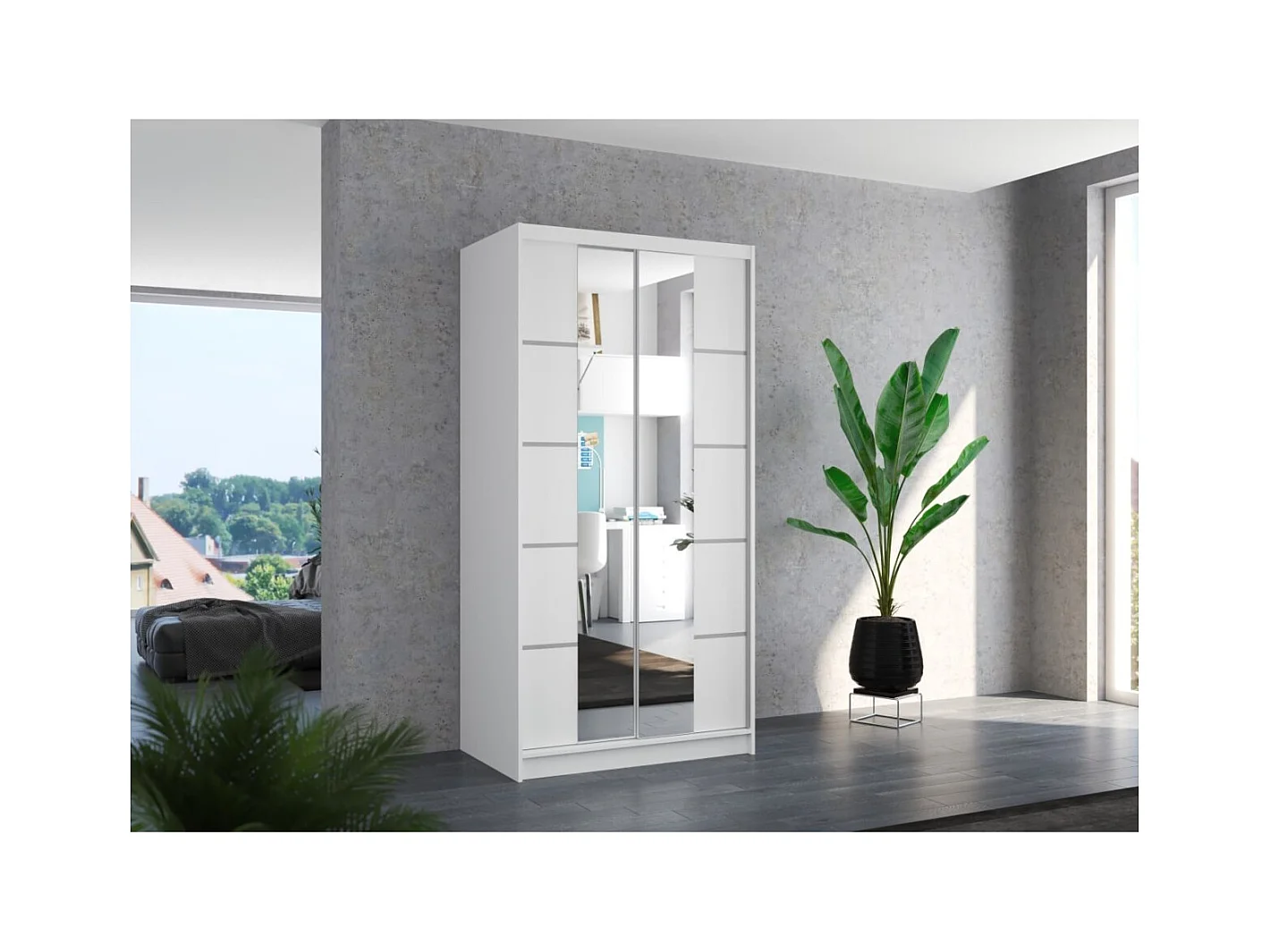 Armadio Saviro (100cm)/ante scorrevoli/specchio/Bianco