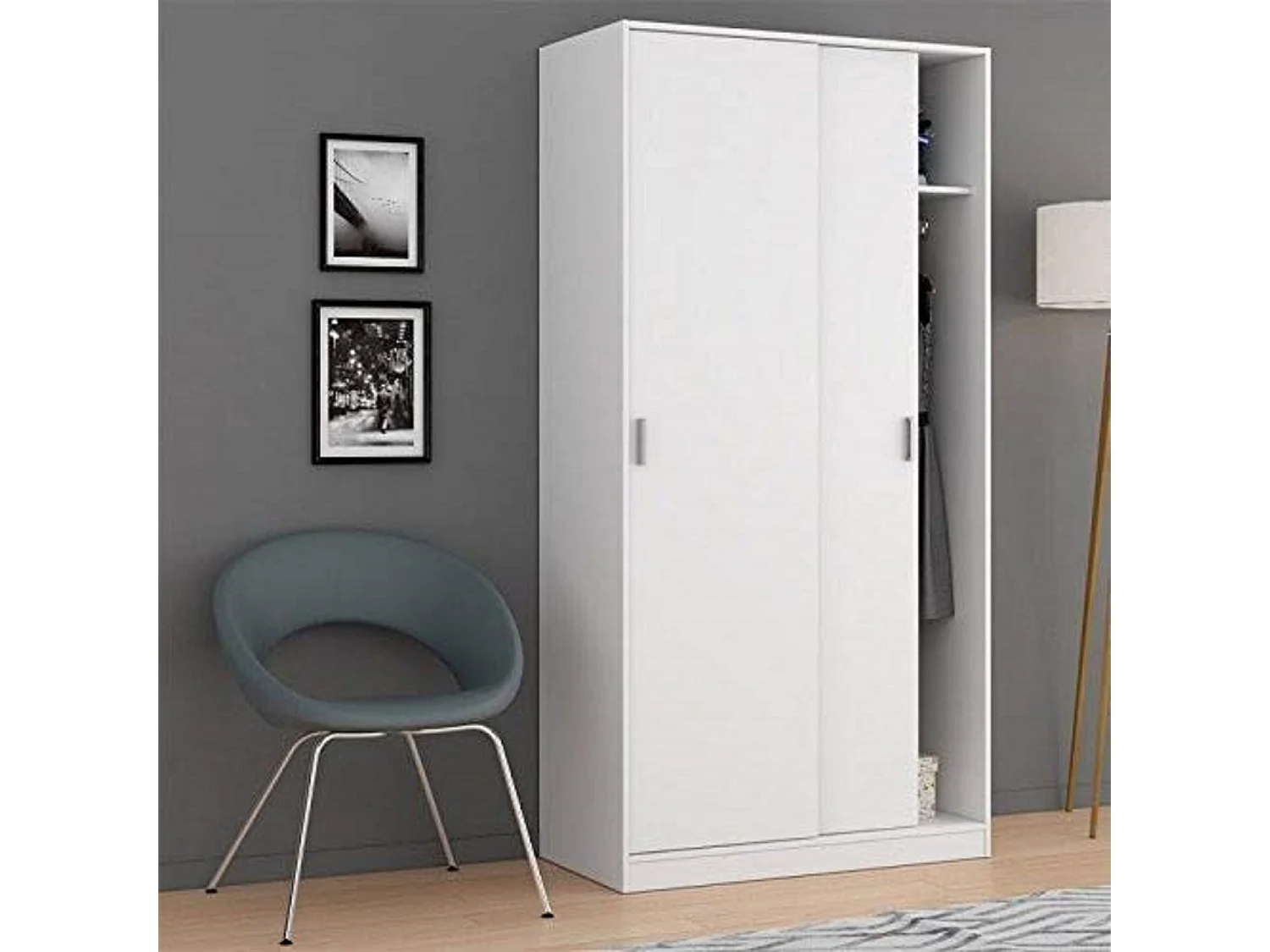 Armadio Guardaroba Vestiti 2 Ante Scorrevoli Ripiano Appendiabiti Salvaspazio Maniglie In Metallo Camera Da Letto Stanza Arredo 100x200x50 Cm Bianco