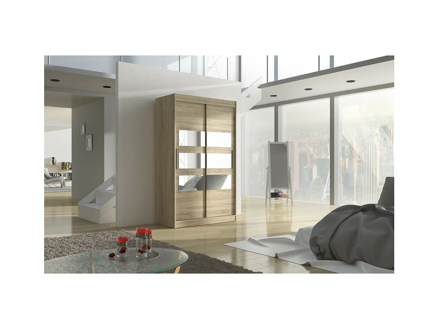 Kleiderschrank Solvado (120cm)/Schiebetüren/Spiegel/Sonoma