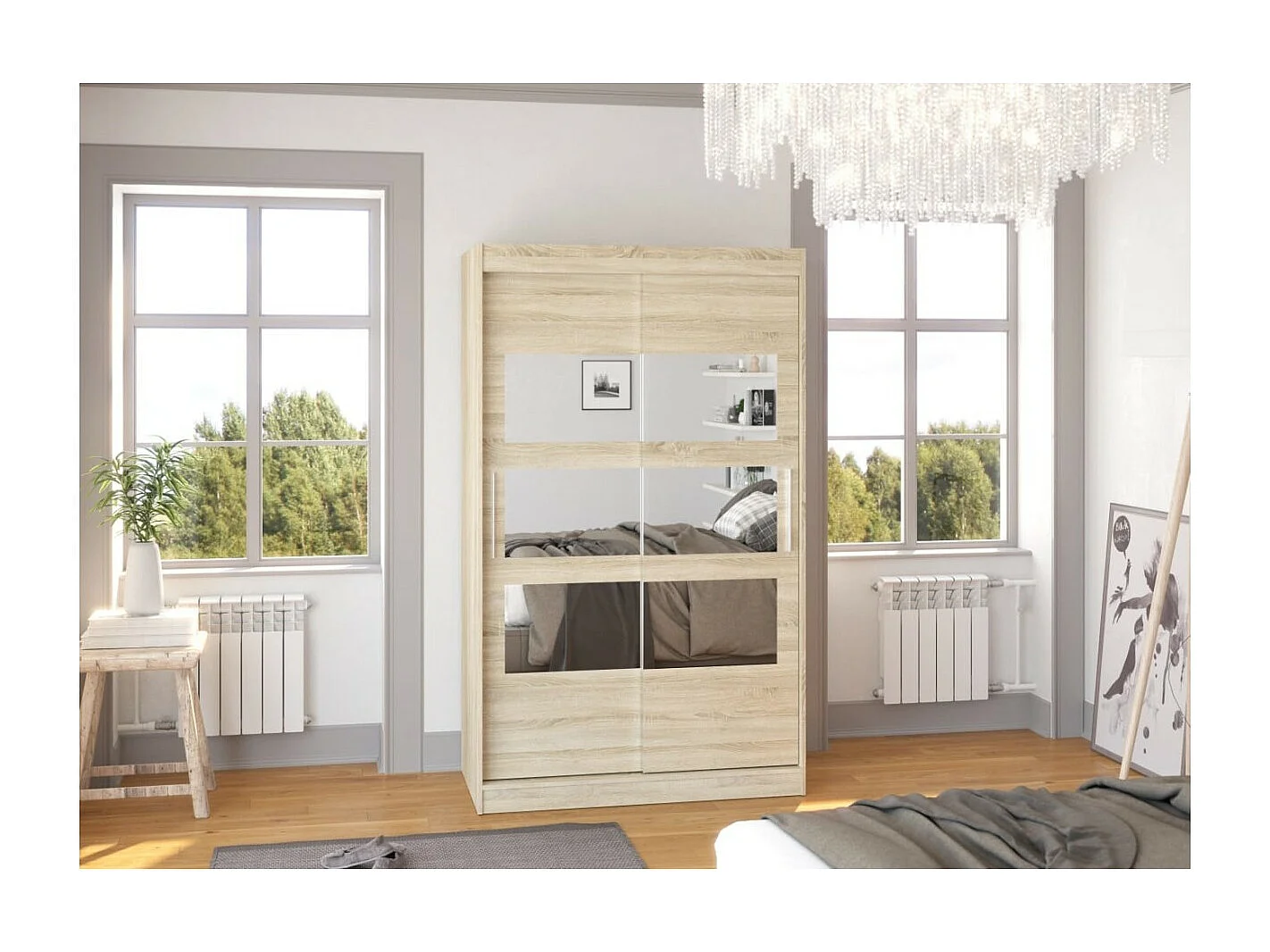 Kleiderschrank Solvado (120cm)/Schiebetüren/Spiegel/Sonoma