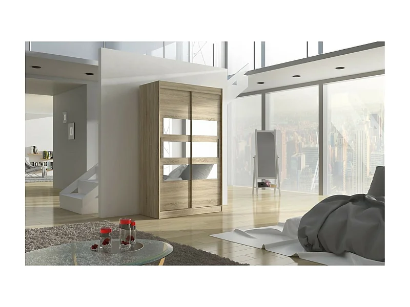 Kleiderschrank Solvado (120cm)/Schiebetüren/Spiegel/Sonoma