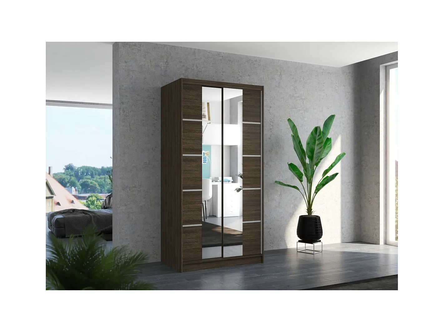 Armadio Saviro (100cm)/ante scorrevoli/specchio/Marrone