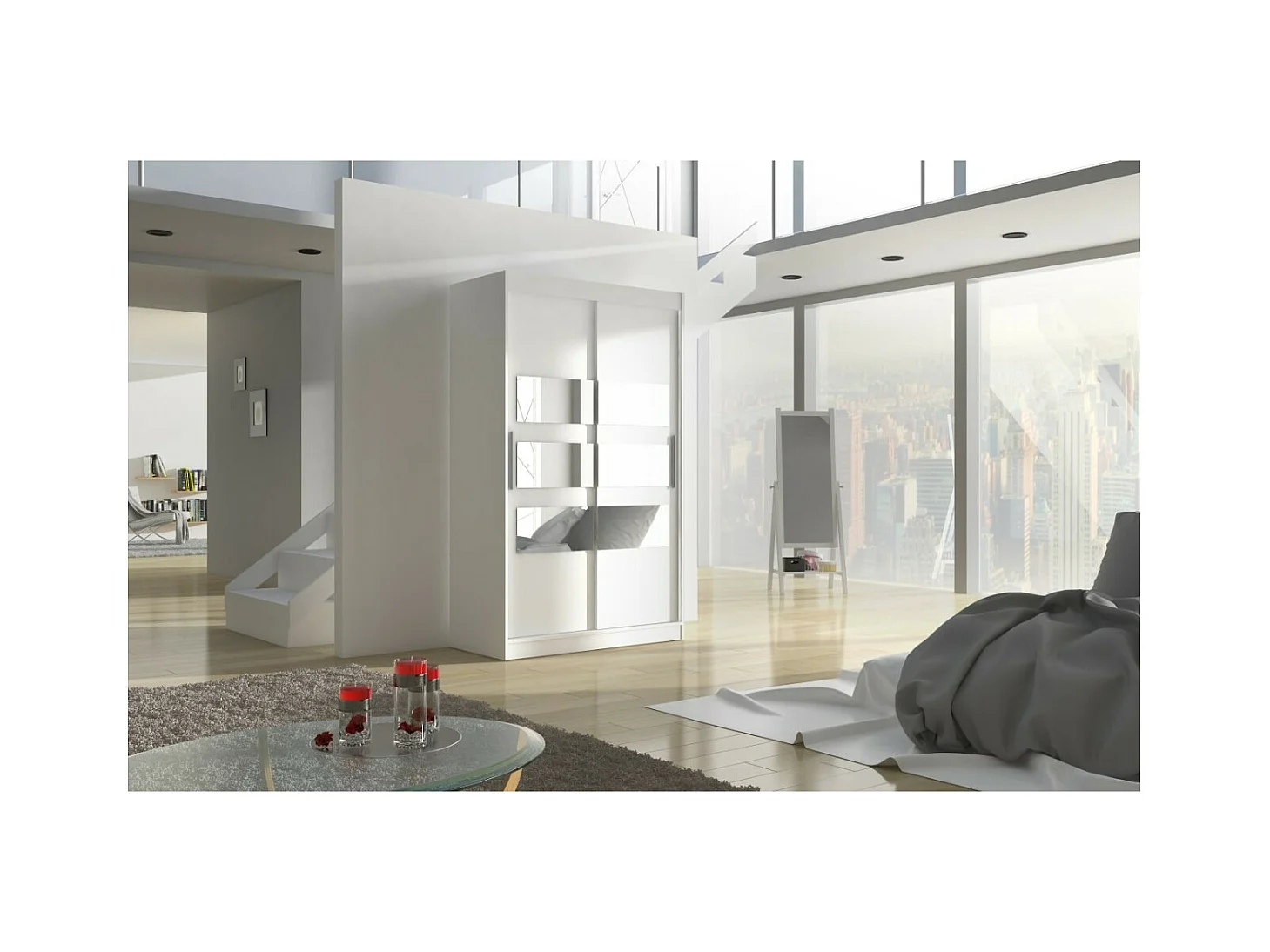 Armadio Solvado (120cm)/ante scorrevoli/specchio/Bianco