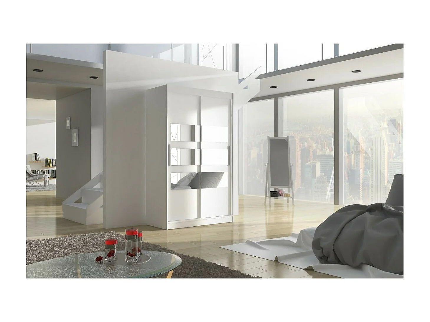 Armadio Solvado (120cm)/ante scorrevoli/specchio/Bianco