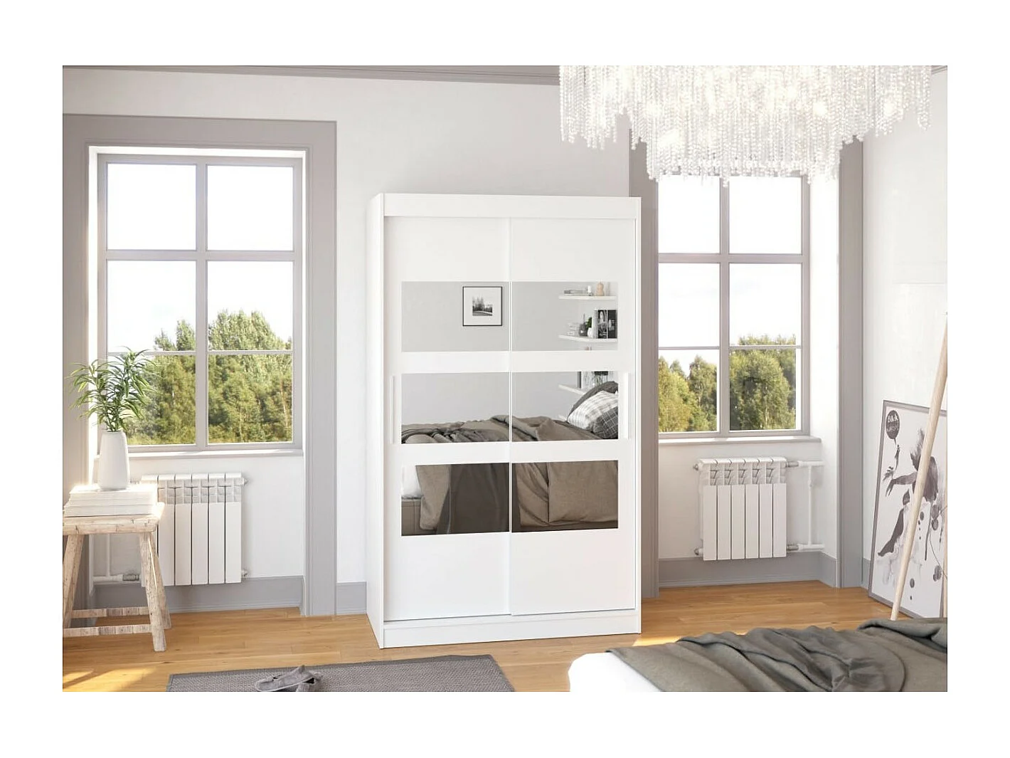 Armadio Solvado (120cm)/ante scorrevoli/specchio/Bianco