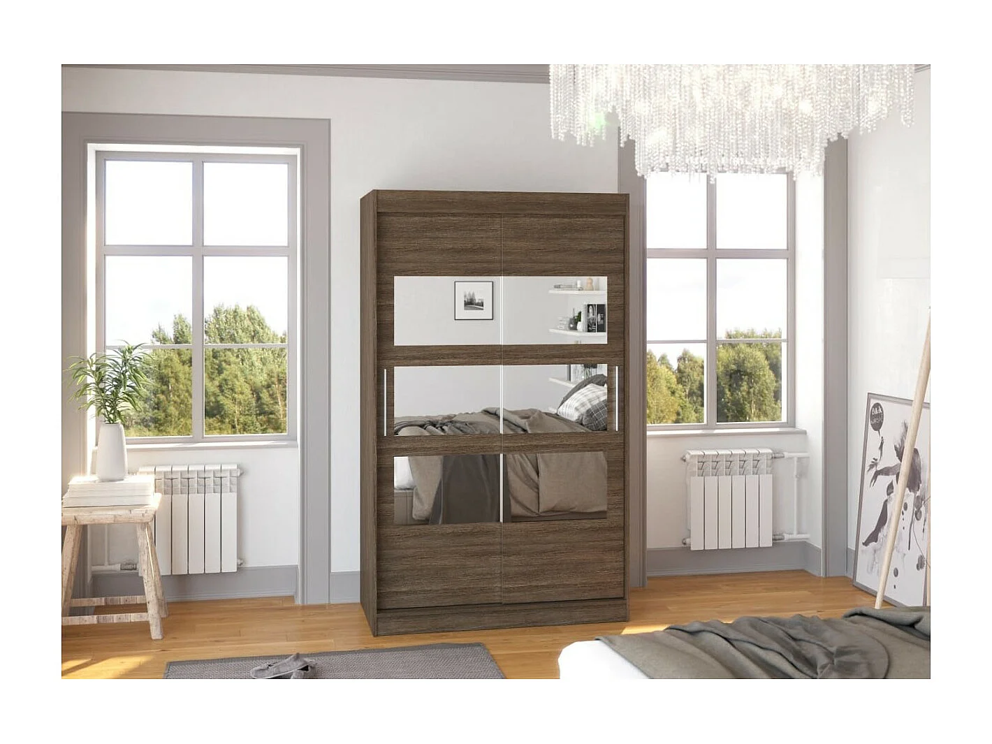 Kleiderschrank Solvado (120cm)/Schiebetüren/Spiegel/Braun