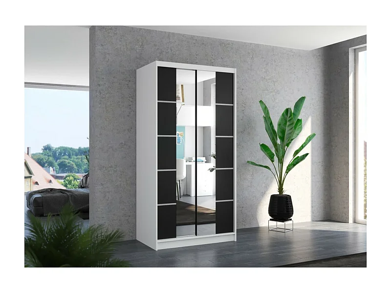 Armoire Saviro (100cm)/portes coulissantes/miroir/Blanc&Noir