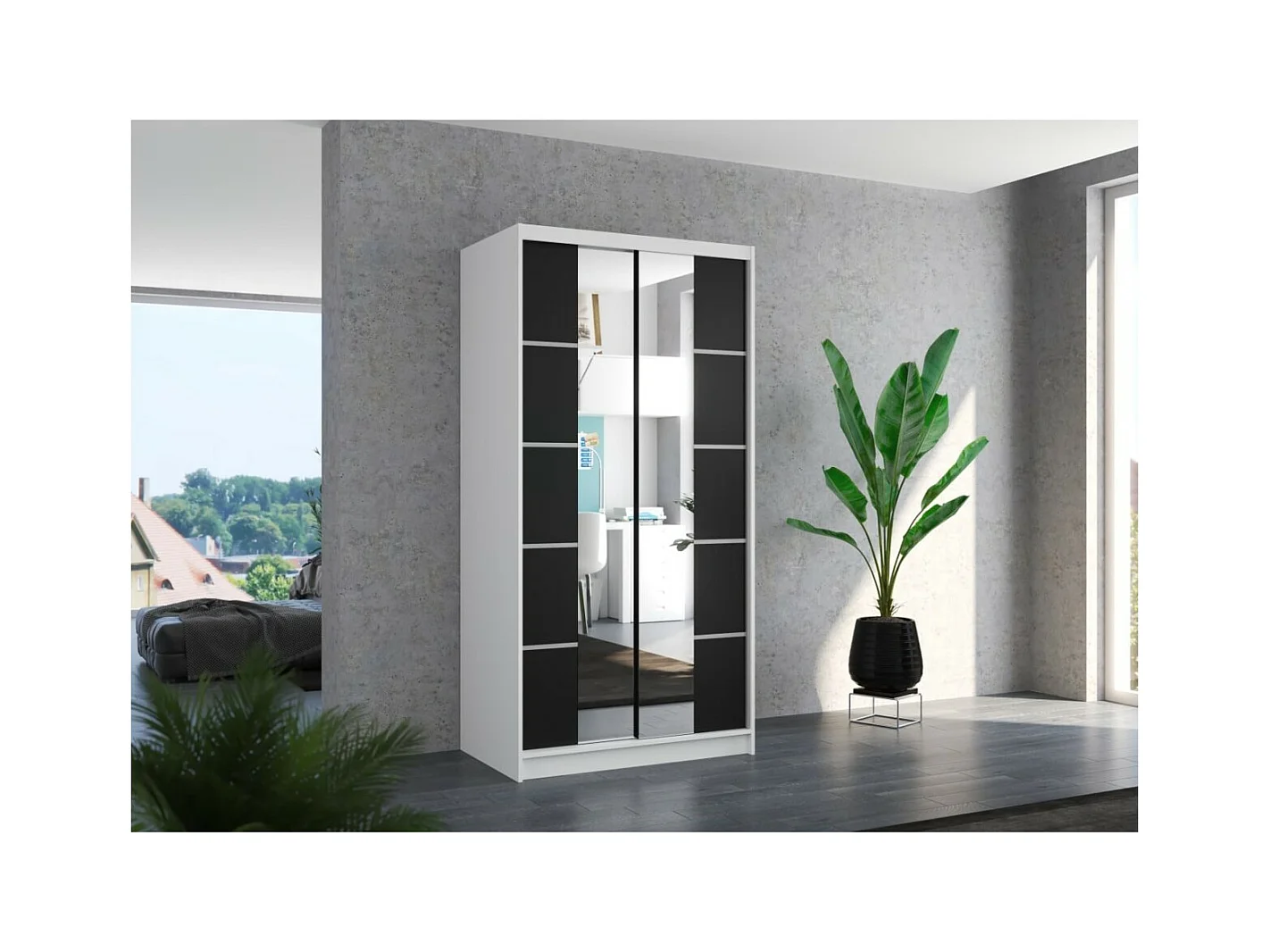 Armadio Saviro (100cm)/ante scorrevoli/specchio/Bianco&Nero