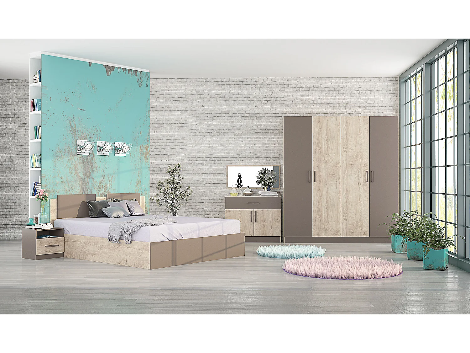 Camera da letto completa 160x200 cm in rovere chiaro e beige scuro CMG33