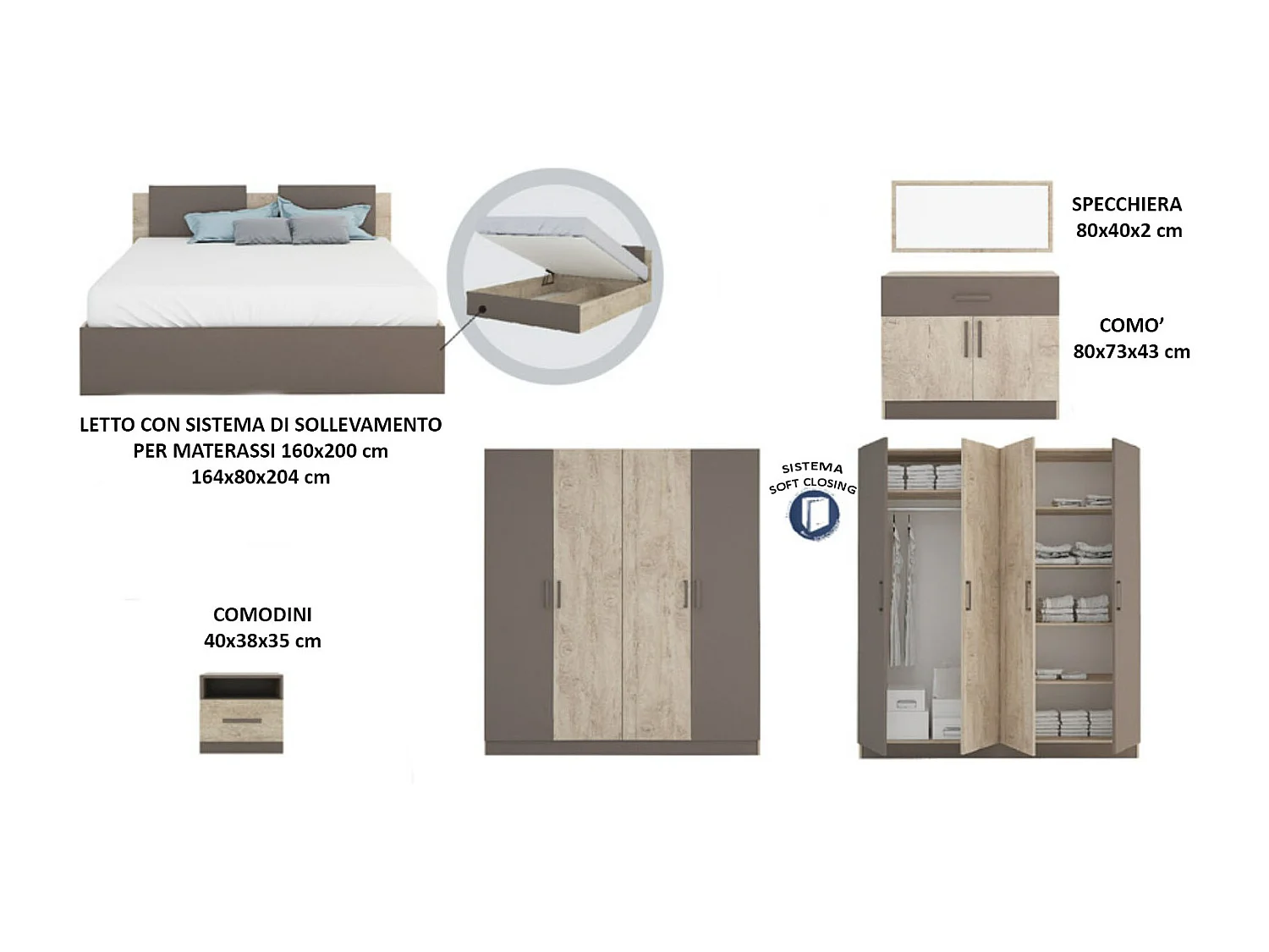 Camera da letto completa 160x200 cm in rovere chiaro e beige scuro CMG33