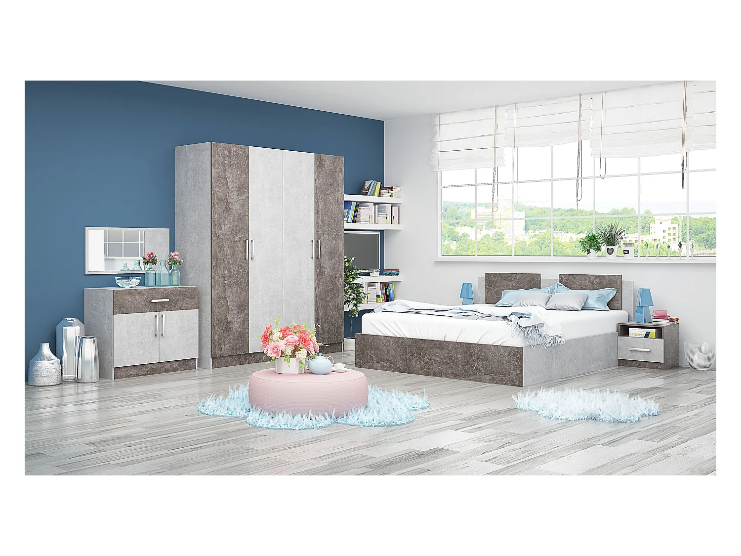 Camera da letto stile industriale 160x200 cm in cemento chiaro e scuro CMG33