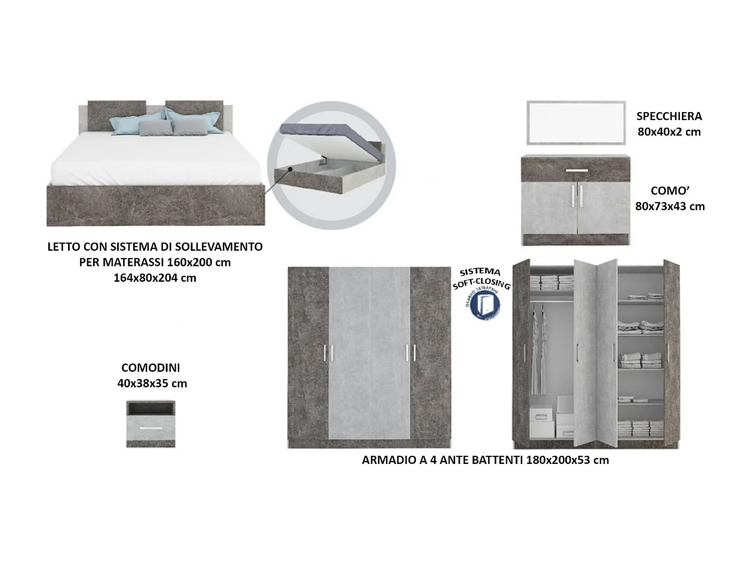 Camera da letto stile industriale 160x200 cm in cemento chiaro e scuro CMG33