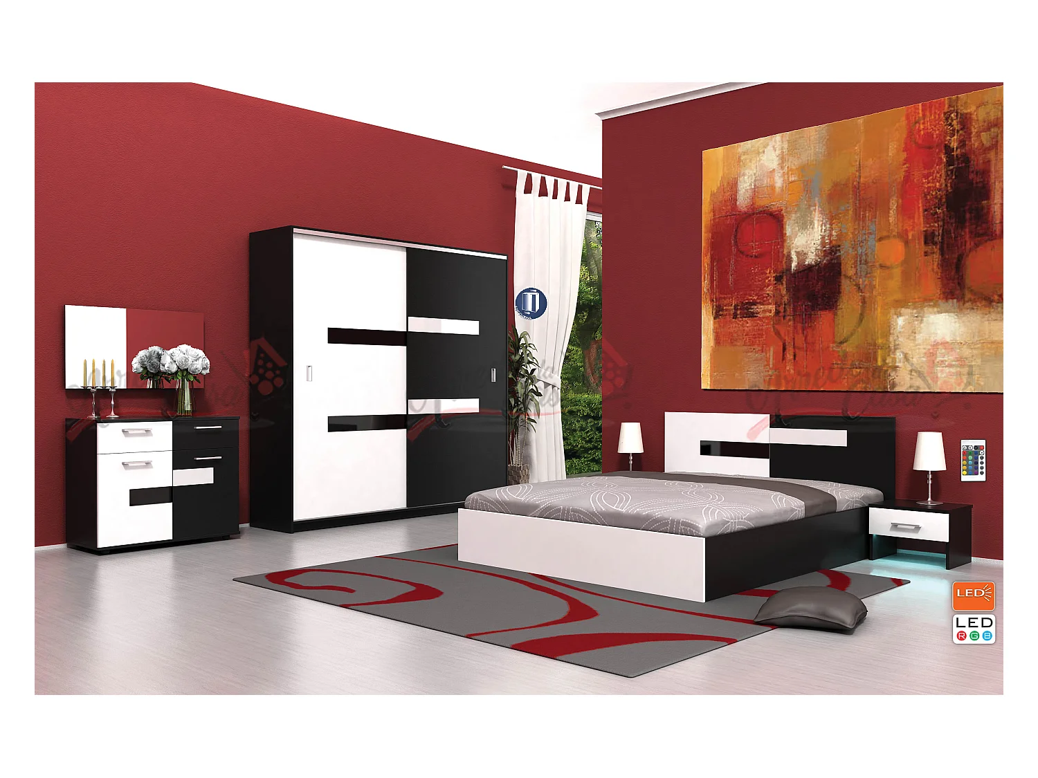 Camera da letto completa moderna 160x200 cm bianco lucido e nero lucido CMG12