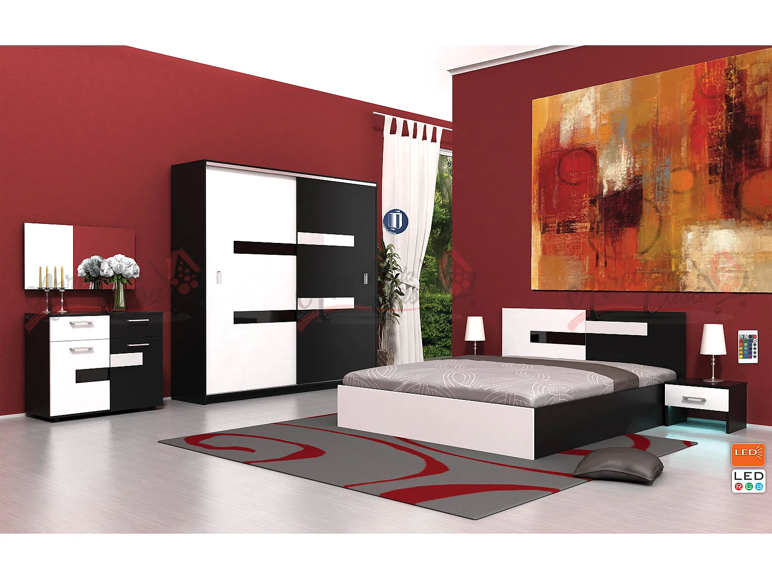 Camera da letto completa moderna 160x200 cm bianco lucido e nero lucido CMG12