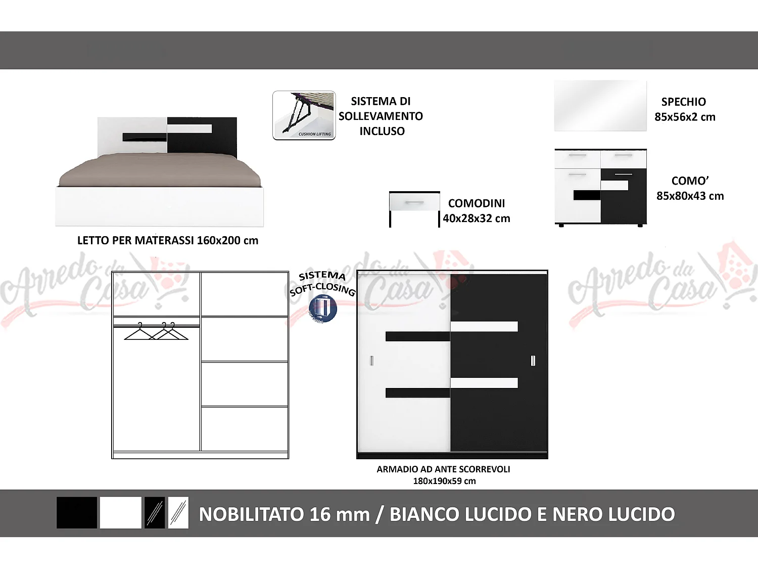Camera da letto completa moderna 160x200 cm bianco lucido e nero lucido CMG12