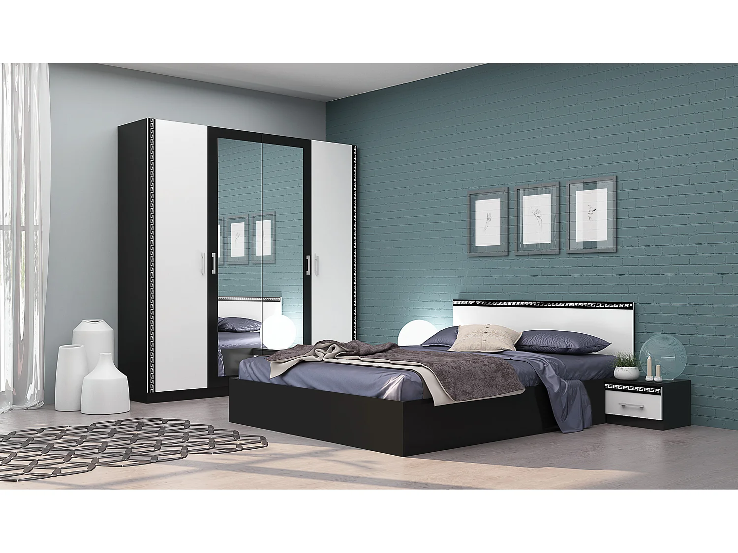 Camera da letto completa elegante con letto 160x200 cm bianca e nera CMG13