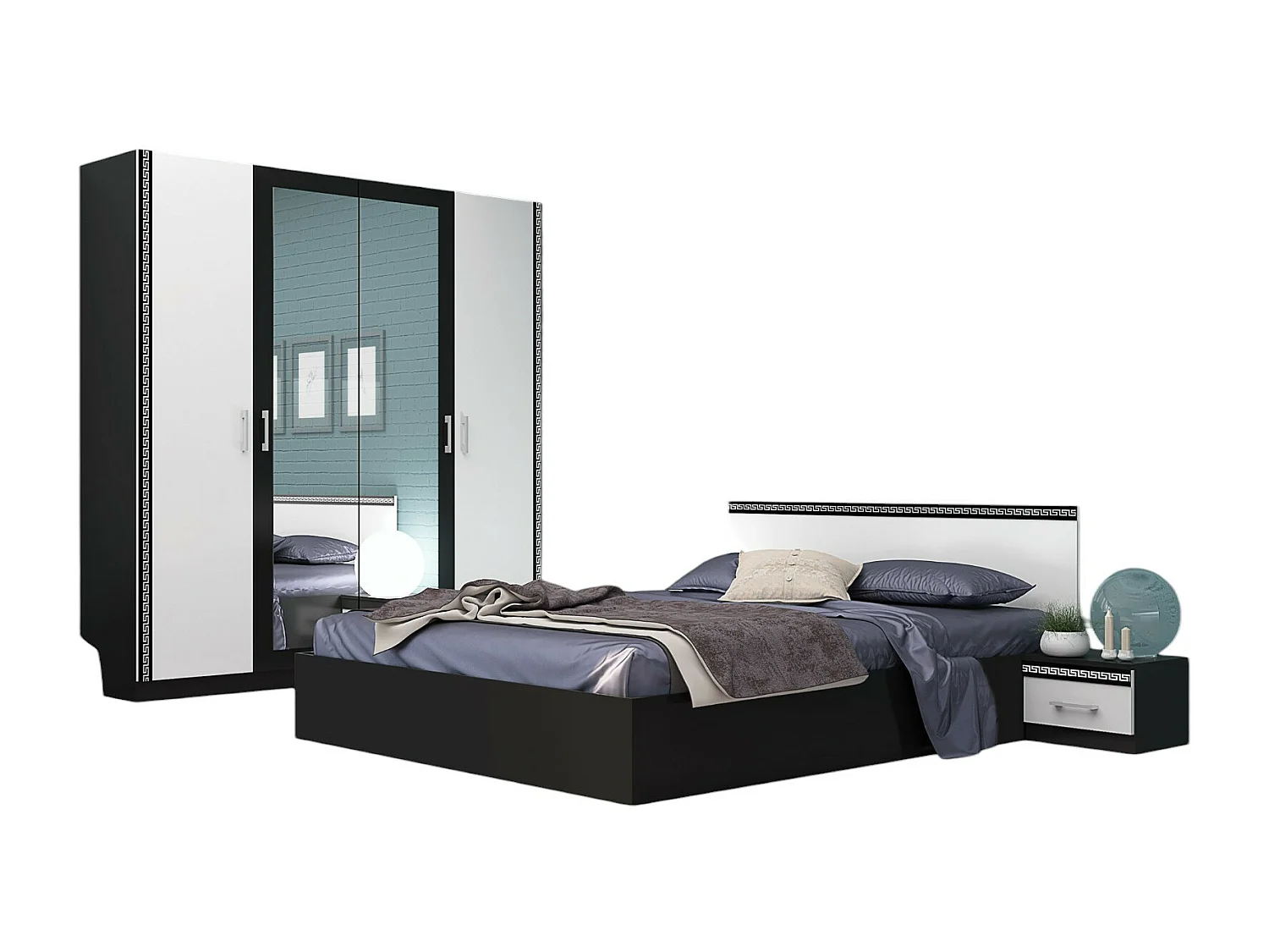 Camera da letto completa elegante con letto 160x200 cm bianca e nera CMG13