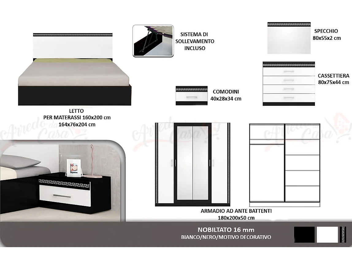 Camera da letto completa elegante con letto 160x200 cm bianca e nera CMG13
