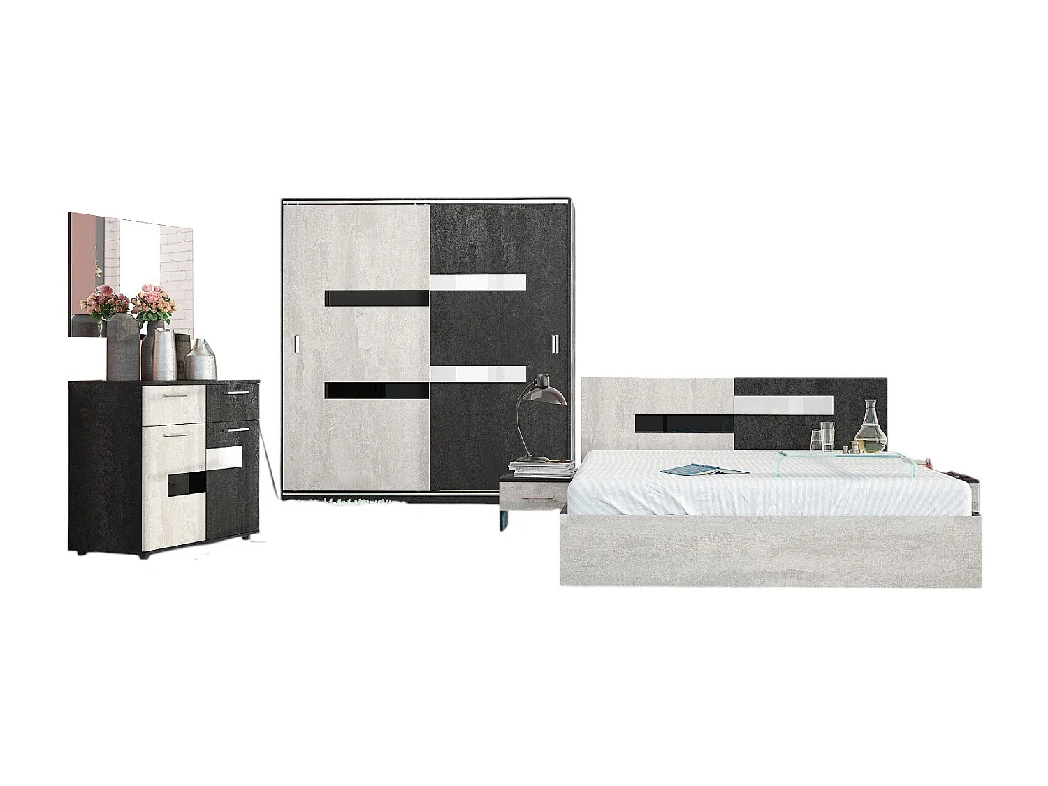 Camera da letto completa moderna 160x200 cm bianco opaco e nero opaco CMG12