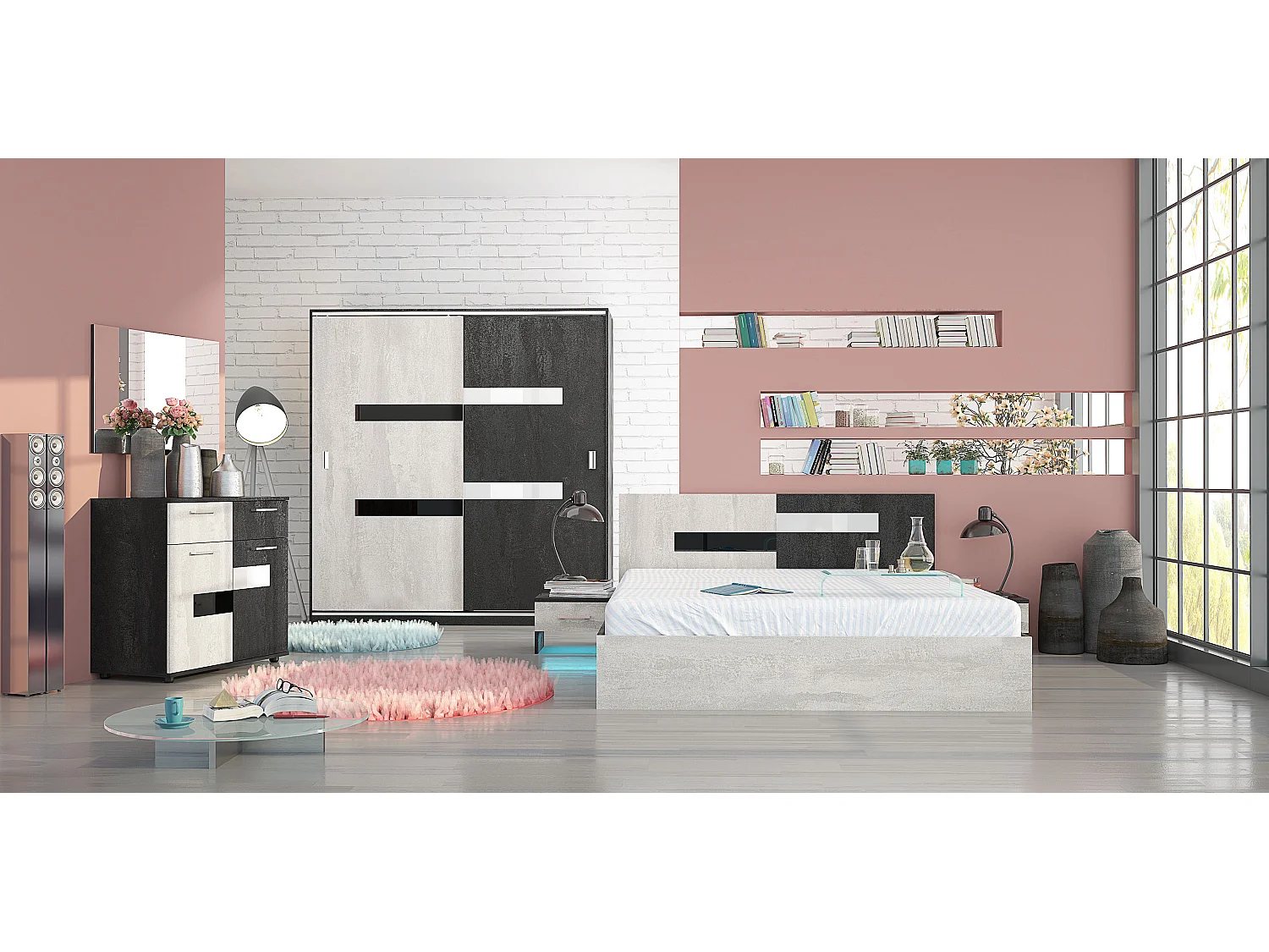 Camera da letto completa moderna 160x200 cm bianco opaco e nero opaco CMG12