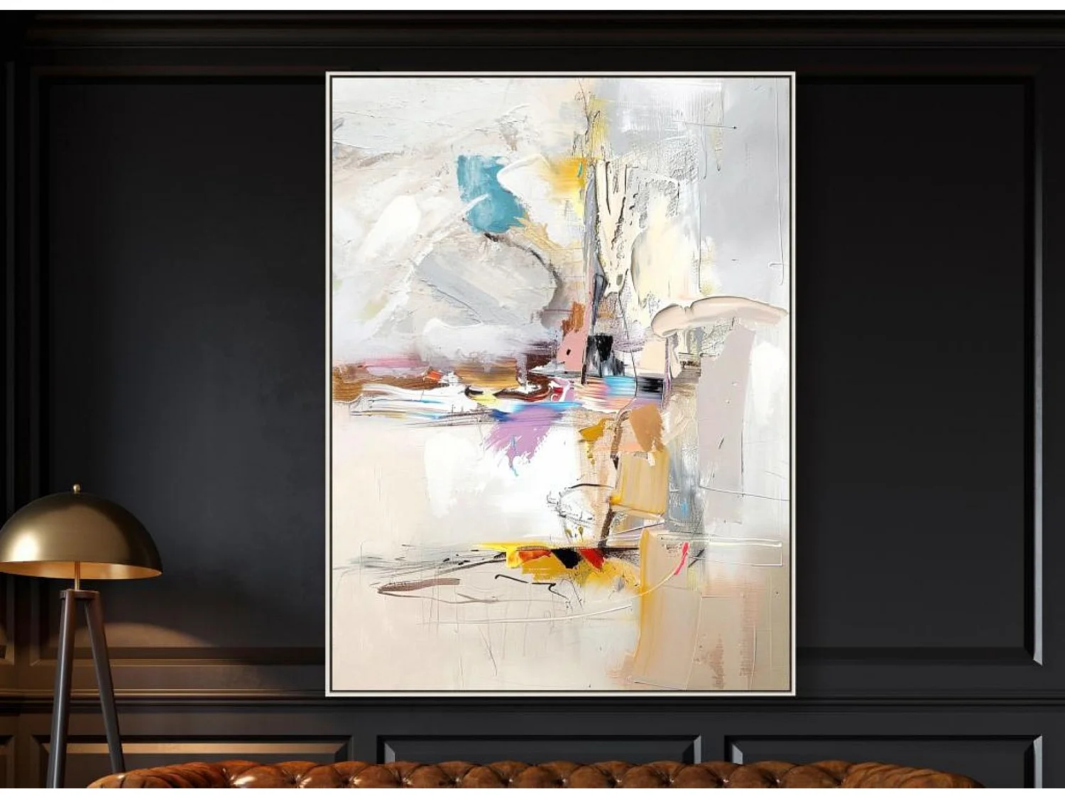 Tableau peinture à l'huile sur toile,peinte à la main avec cadre en bois coloris blanc - Longueur 150 x Profondeur 4 x Hauteur 200 cm