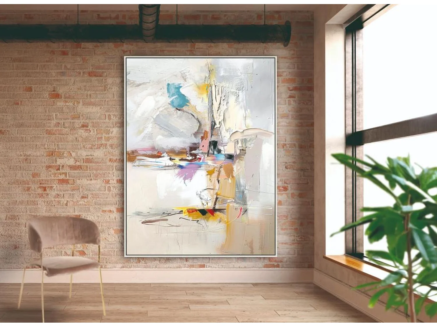Tableau peinture à l'huile sur toile,peinte à la main avec cadre en bois coloris blanc - Longueur 150 x Profondeur 4 x Hauteur 200 cm