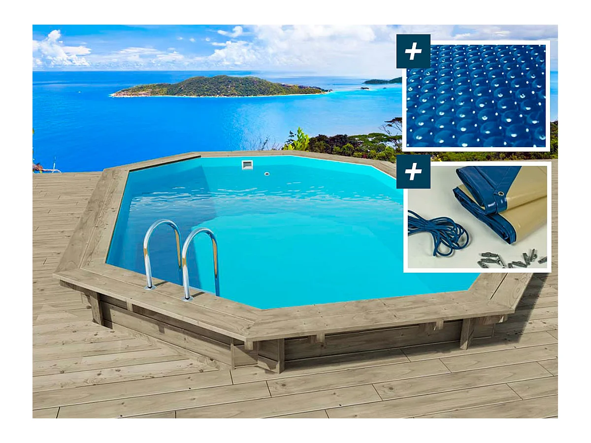 Piscine bois " Miami 145 " - 4.86 x 3.36 x 1.45 m + Bâche à bulles 180 µ + Bâche hiver 280 gr/m²