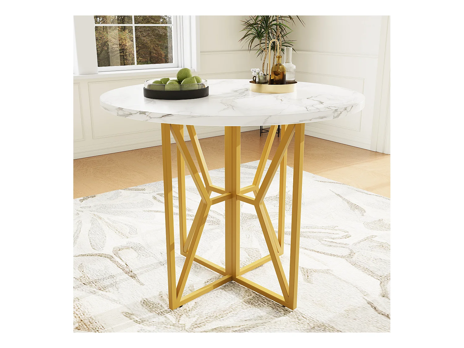 Table à manger ronde 80x80x76cm - Cadre en métal - placage à motif marbre - 2 à 6 personnes - Blanc & Doré