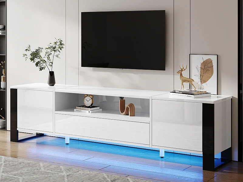 Meuble TV moderne brillant 178x40x54cm - avec éclairage LED - avec rangement - pour téléviseurs jusqu'à 70" - Blanc