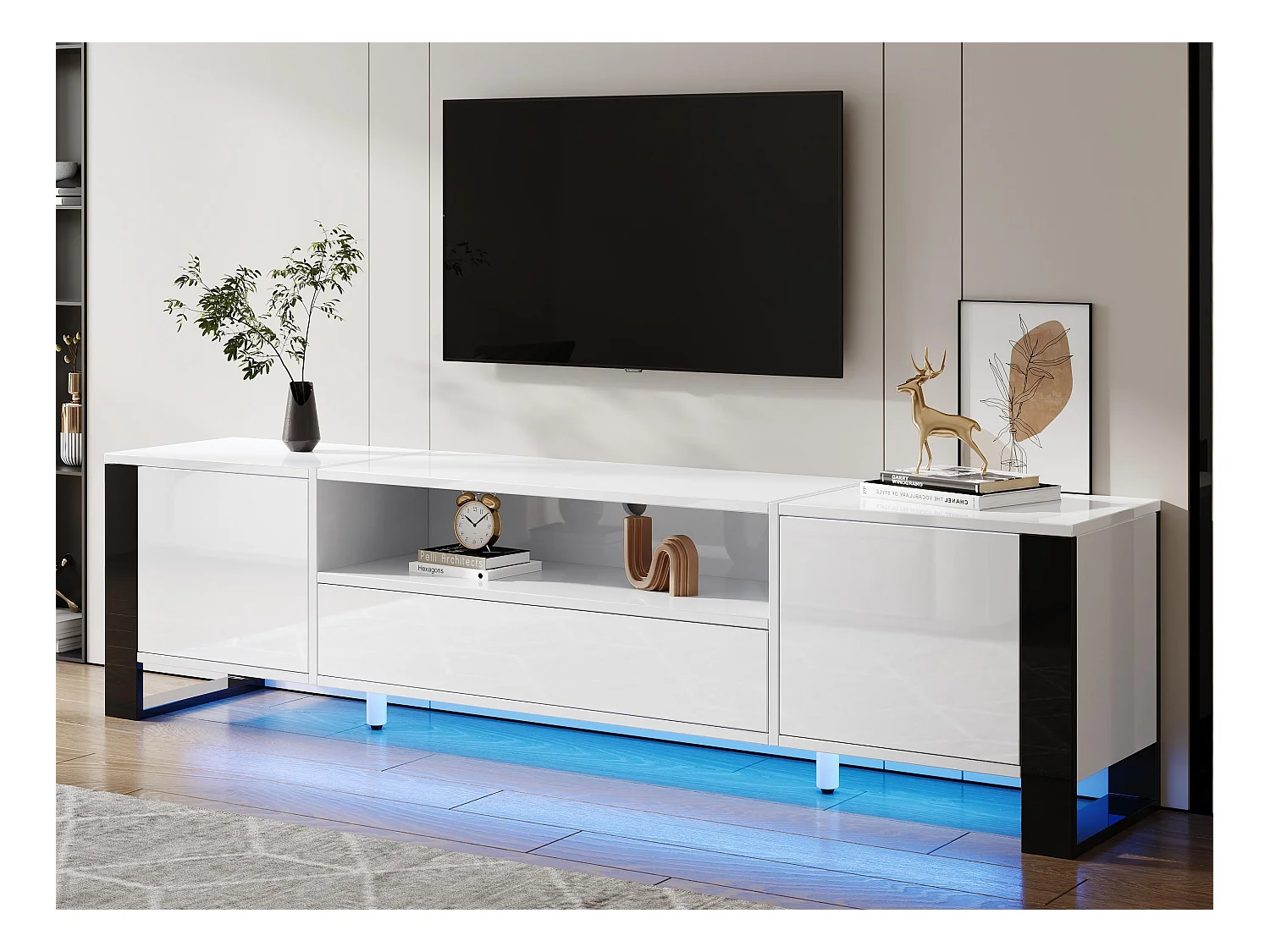 Meuble TV moderne brillant 178x40x54cm - avec éclairage LED - avec rangement - pour téléviseurs jusqu'à 70" - Blanc