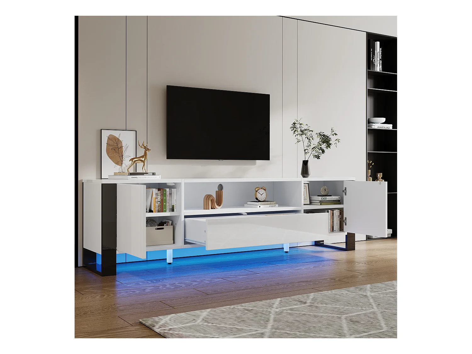 Meuble TV moderne brillant 178x40x54cm - avec éclairage LED - avec rangement - pour téléviseurs jusqu'à 70" - Blanc