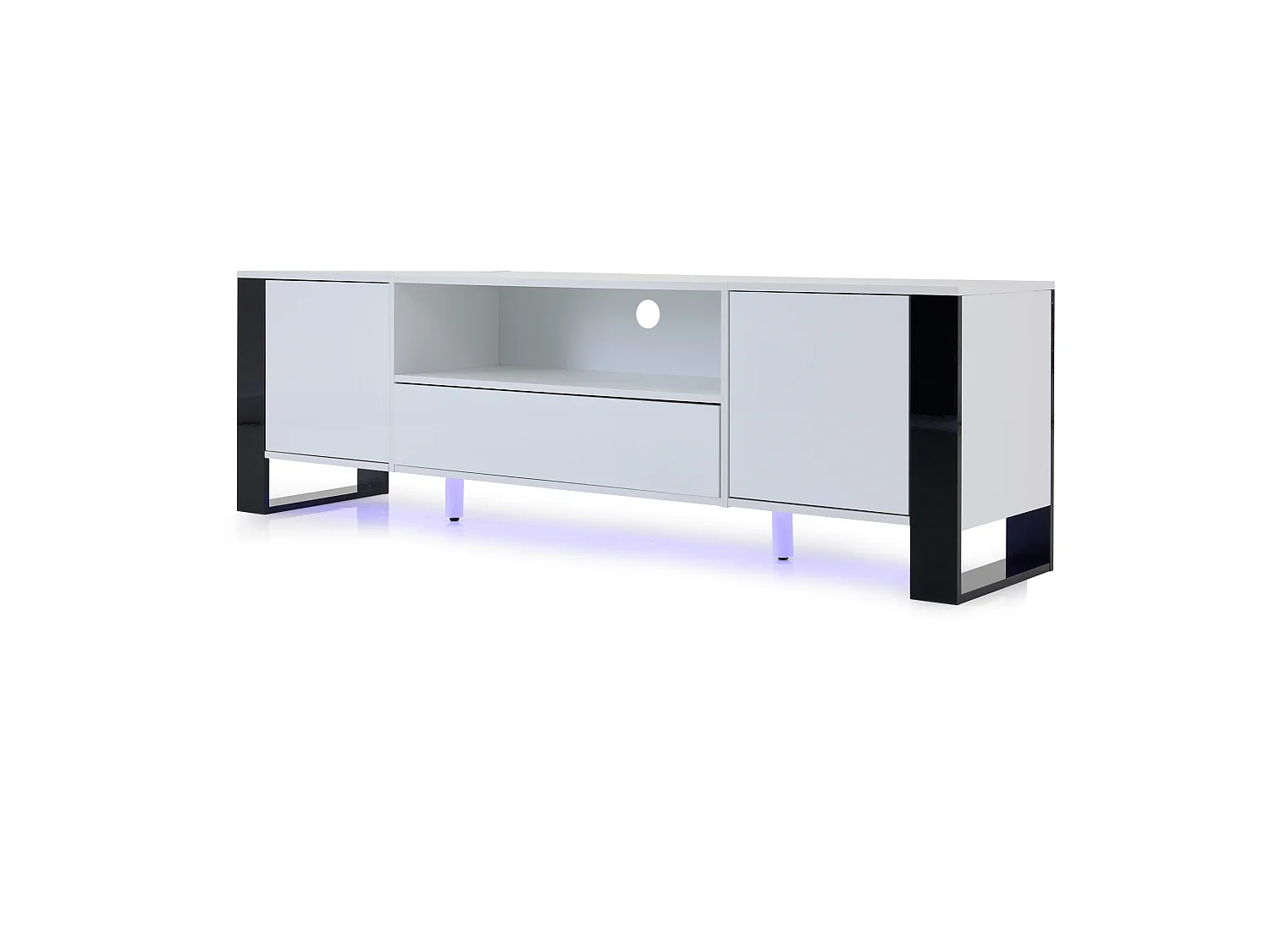Meuble TV moderne brillant 178x40x54cm - avec éclairage LED - avec rangement - pour téléviseurs jusqu'à 70" - Blanc