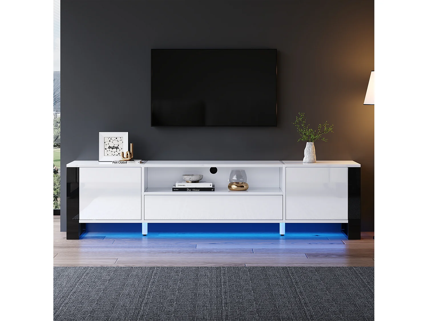 Meuble TV moderne brillant 178x40x54cm - avec éclairage LED - avec rangement - pour téléviseurs jusqu'à 70" - Blanc