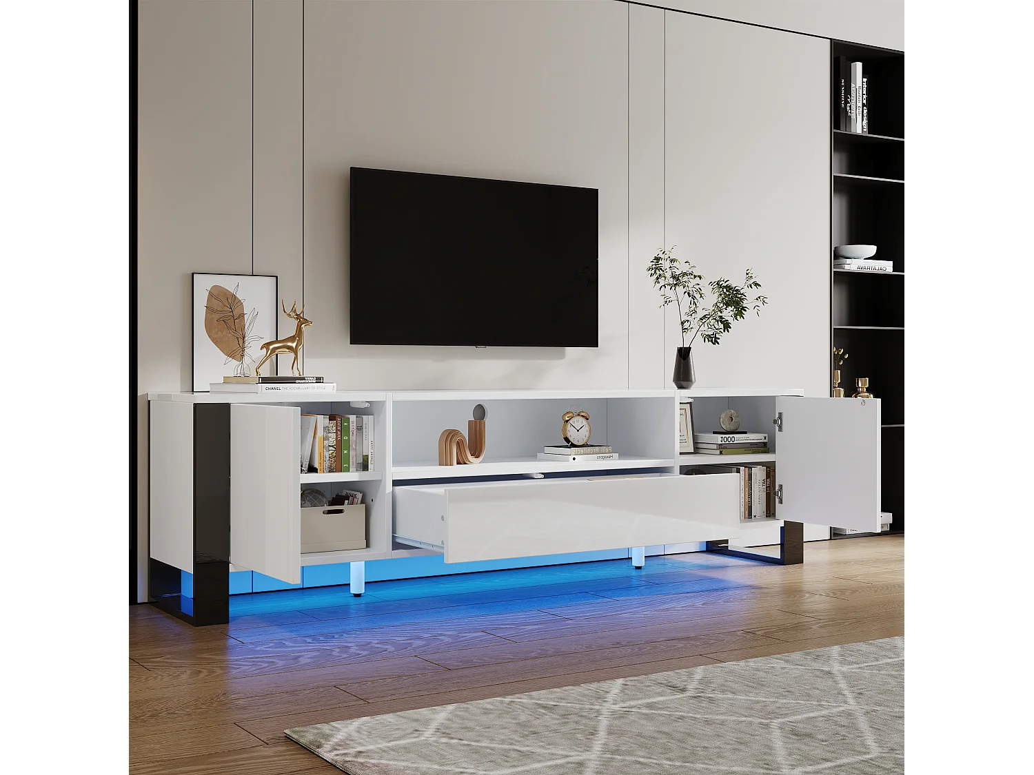 Meuble TV moderne brillant 178x40x54cm - avec éclairage LED - avec rangement - pour téléviseurs jusqu'à 70" - Blanc