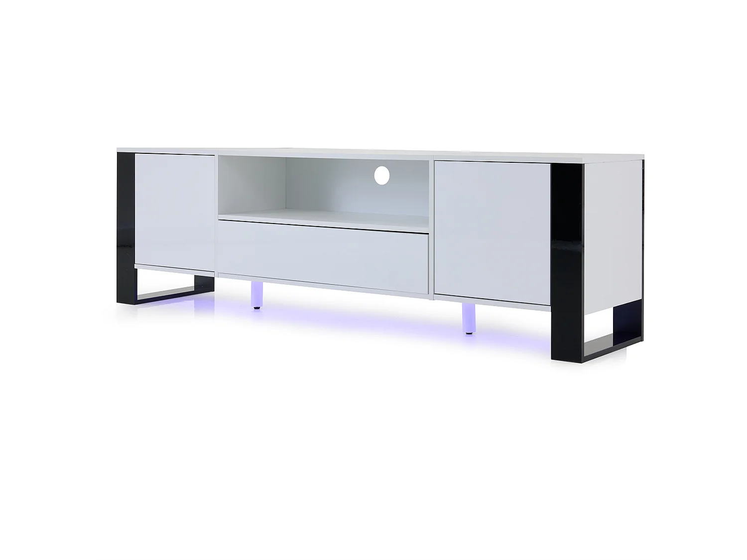 Meuble TV moderne brillant 178x40x54cm - avec éclairage LED - avec rangement - pour téléviseurs jusqu'à 70" - Blanc