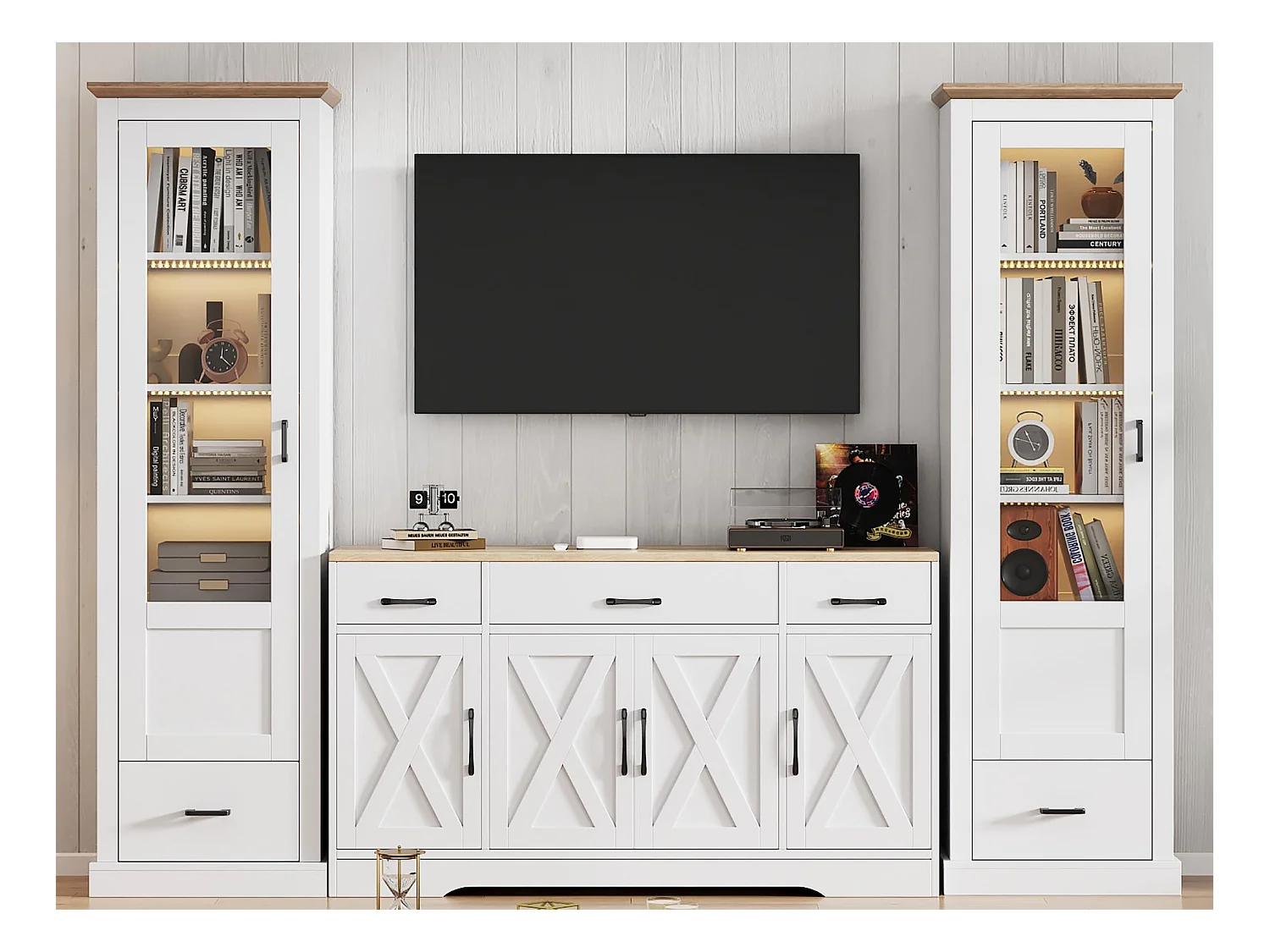 Wohnzimmer-Kombination: 2 moderne LED-Vitrinen und 1 moderne weiße Anrichte - Weiß
