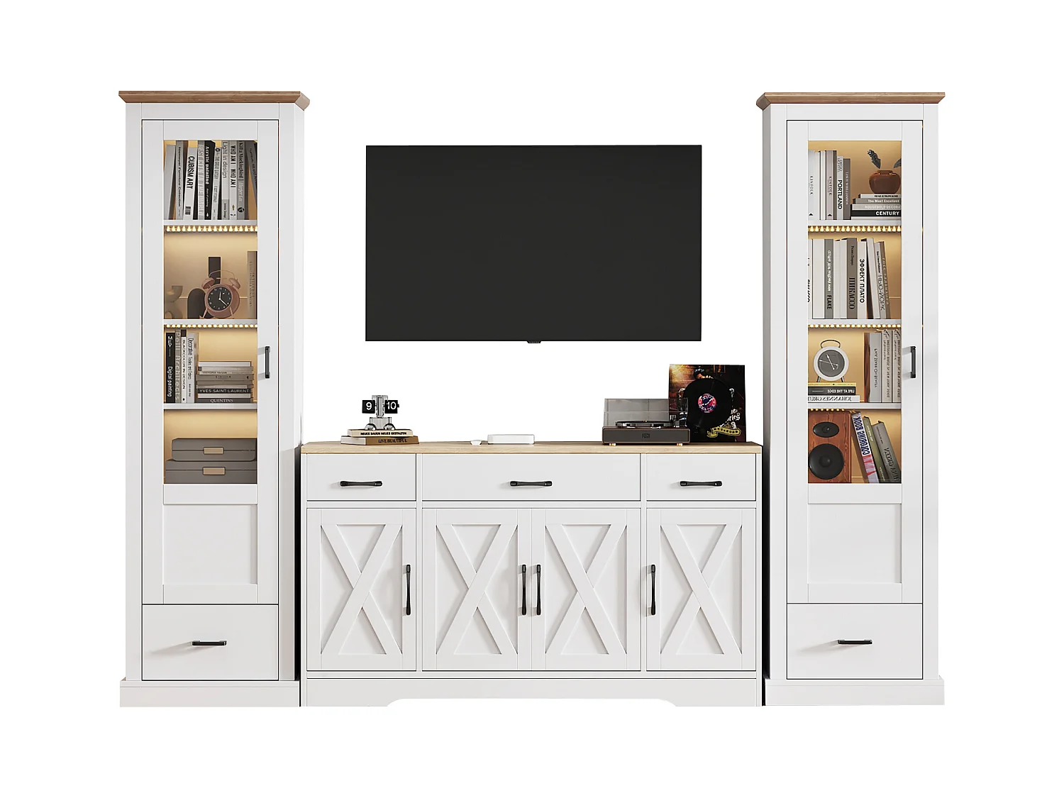 Wohnzimmer-Kombination: 2 moderne LED-Vitrinen und 1 moderne weiße Anrichte - Weiß