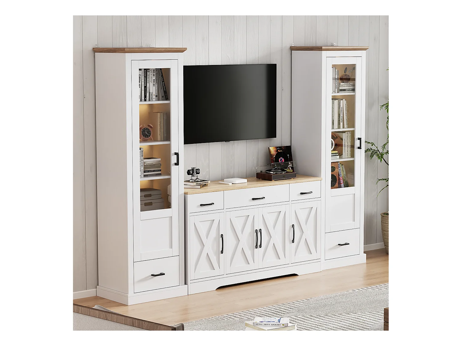 Wohnzimmer-Kombination: 2 moderne LED-Vitrinen und 1 moderne weiße Anrichte - Weiß