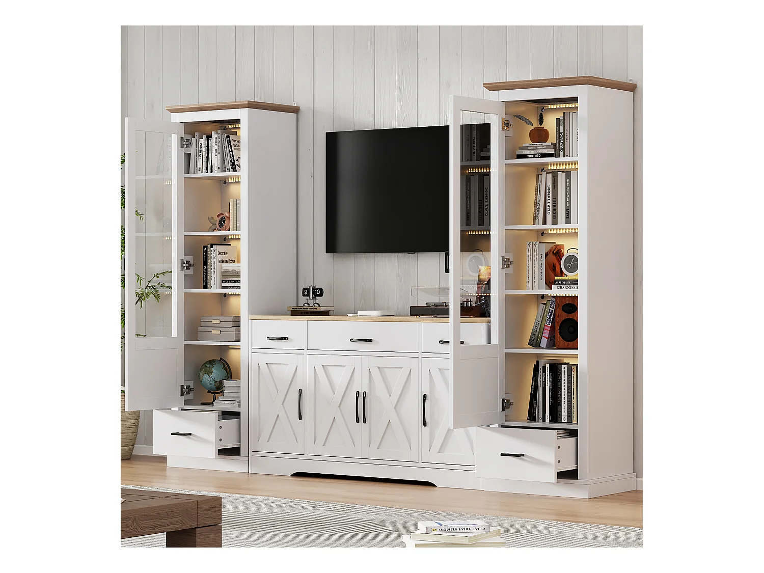 Wohnzimmer-Kombination: 2 moderne LED-Vitrinen und 1 moderne weiße Anrichte - Weiß