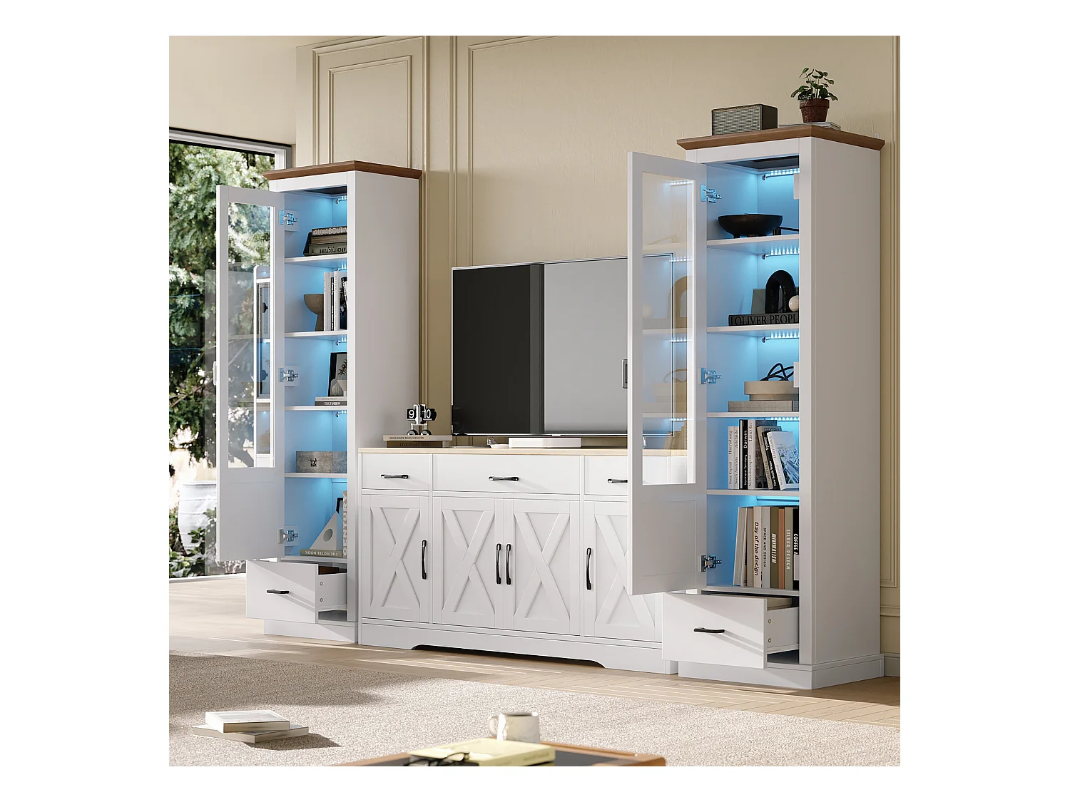 Wohnzimmer-Kombination: 2 moderne LED-Vitrinen und 1 moderne weiße Anrichte - Weiß