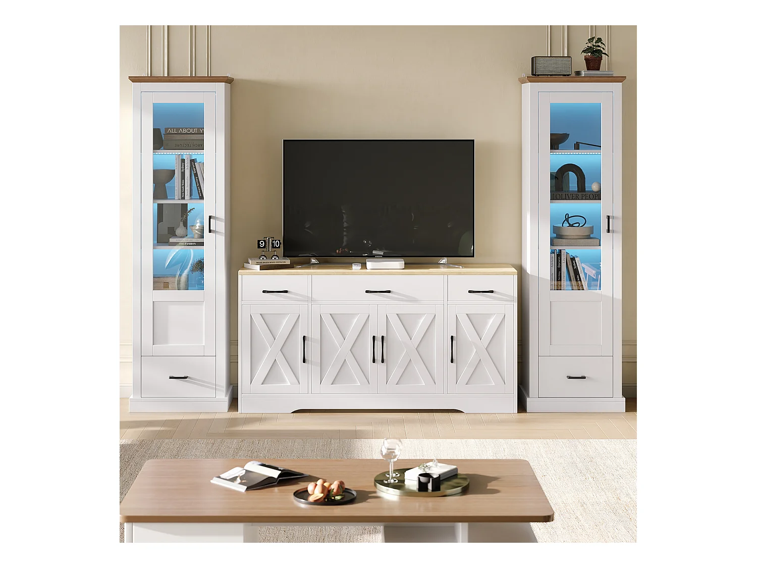 Wohnzimmer-Kombination: 2 moderne LED-Vitrinen und 1 moderne weiße Anrichte - Weiß