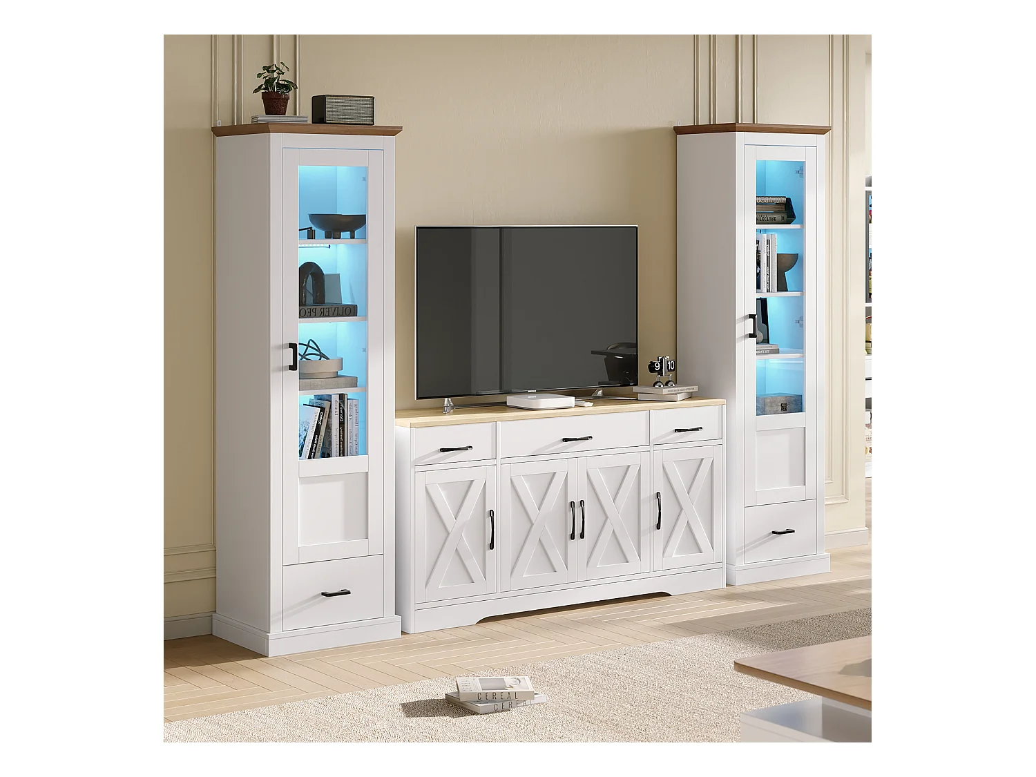 Wohnzimmer-Kombination: 2 moderne LED-Vitrinen und 1 moderne weiße Anrichte - Weiß