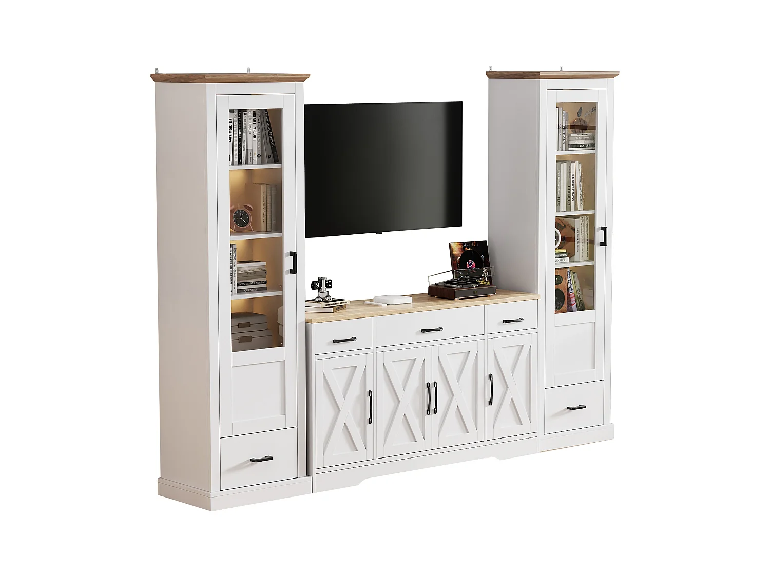Wohnzimmer-Kombination: 2 moderne LED-Vitrinen und 1 moderne weiße Anrichte - Weiß