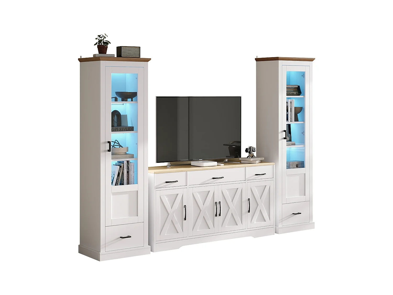 Wohnzimmer-Kombination: 2 moderne LED-Vitrinen und 1 moderne weiße Anrichte - Weiß