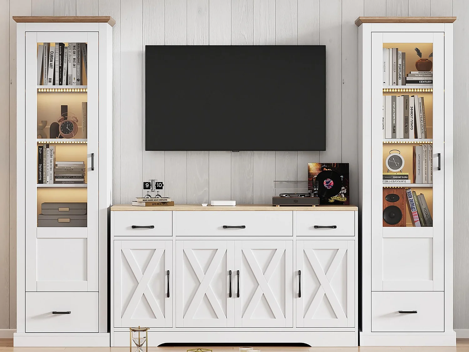 Wohnzimmer-Kombination: 2 moderne LED-Vitrinen und 1 moderne weiße Anrichte - Weiß