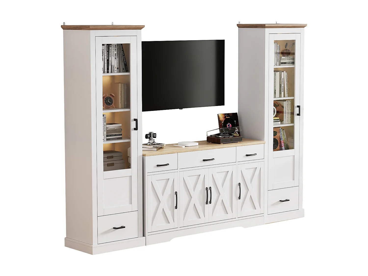 Wohnzimmer-Kombination: 2 moderne LED-Vitrinen und 1 moderne weiße Anrichte - Weiß