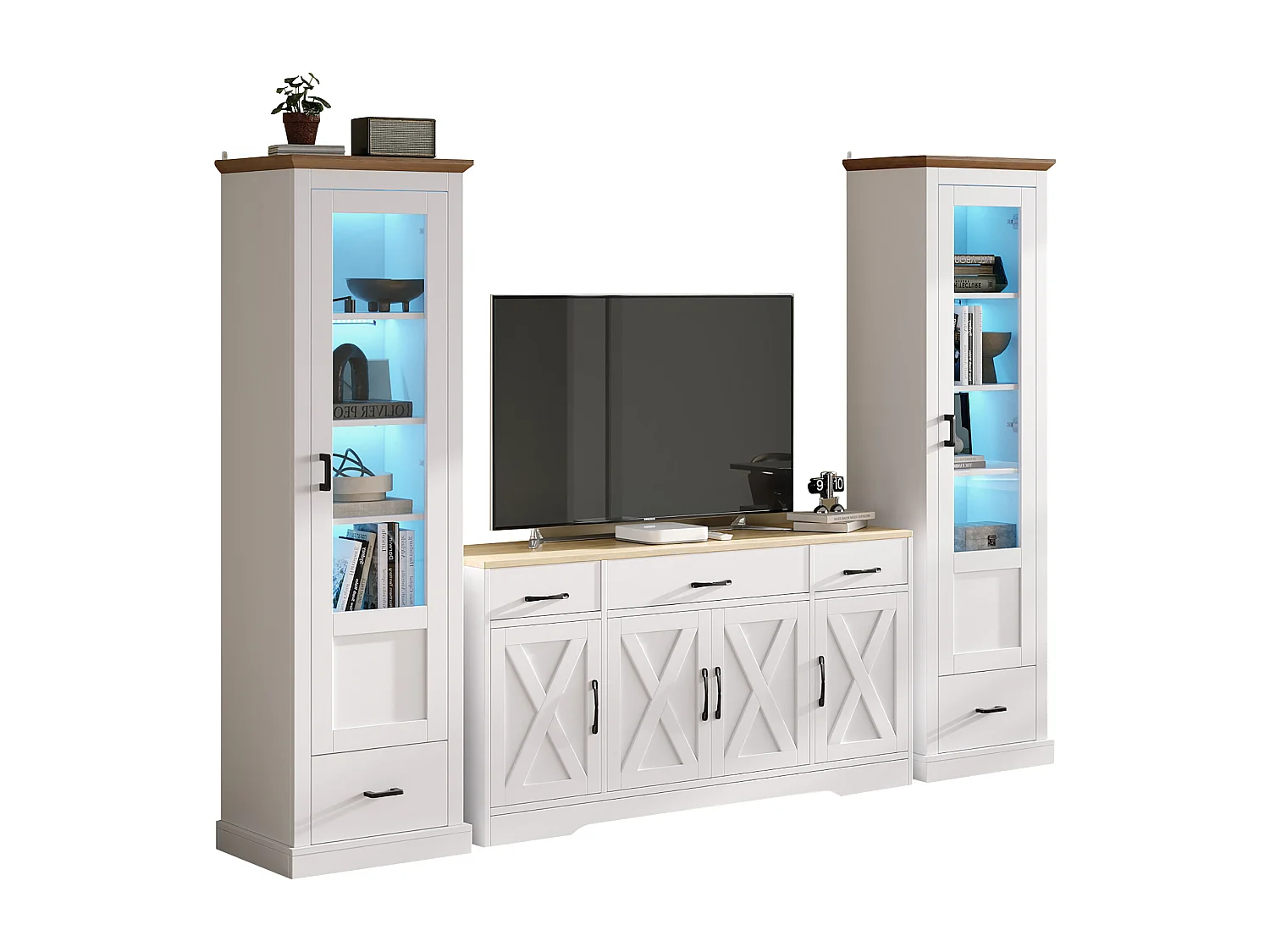 Wohnzimmer-Kombination: 2 moderne LED-Vitrinen und 1 moderne weiße Anrichte - Weiß