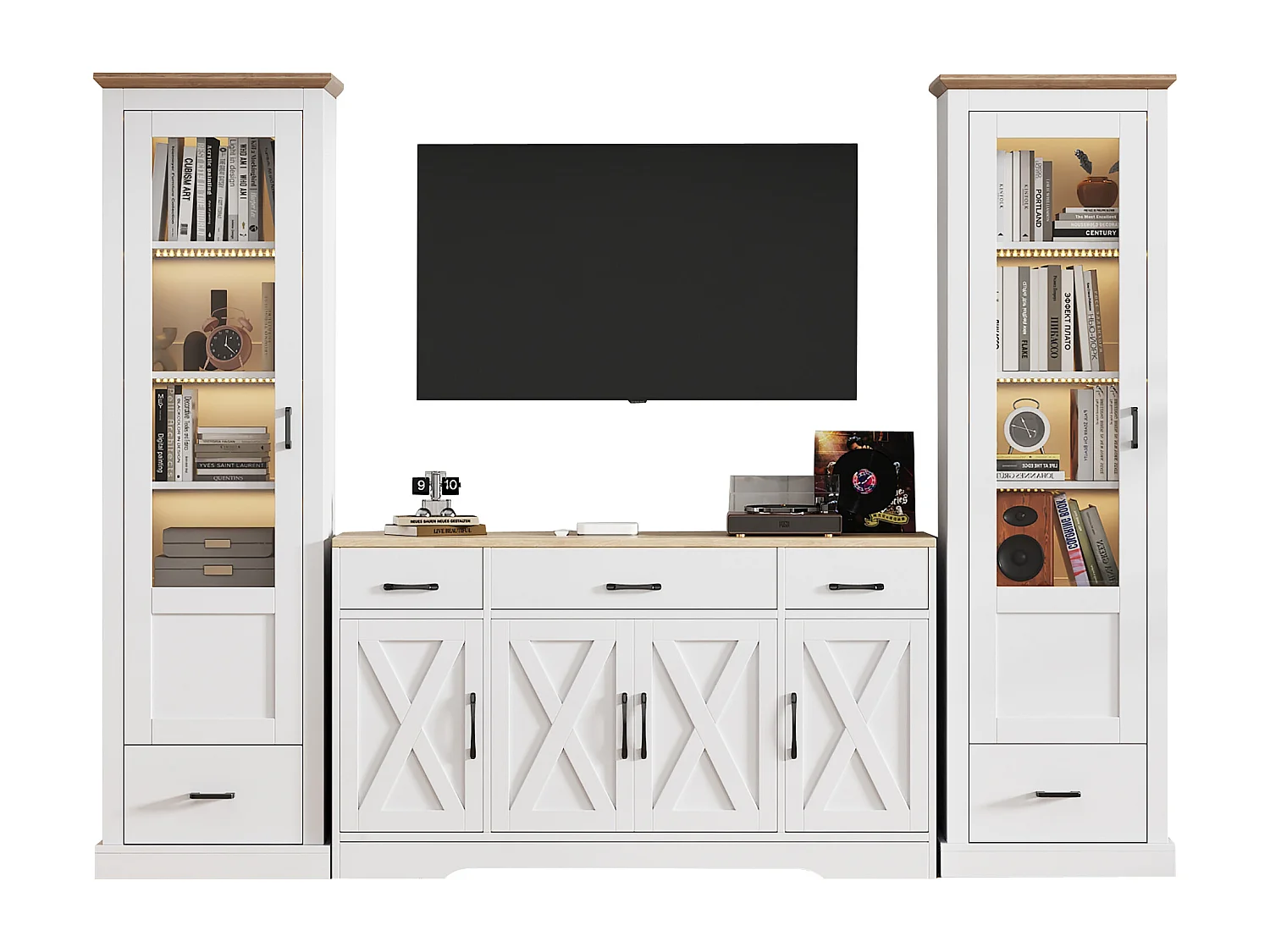 Wohnzimmer-Kombination: 2 moderne LED-Vitrinen und 1 moderne weiße Anrichte - Weiß