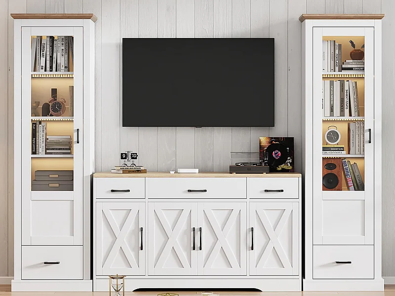 Wohnzimmer-Kombination: 2 moderne LED-Vitrinen und 1 moderne weiße Anrichte - Weiß